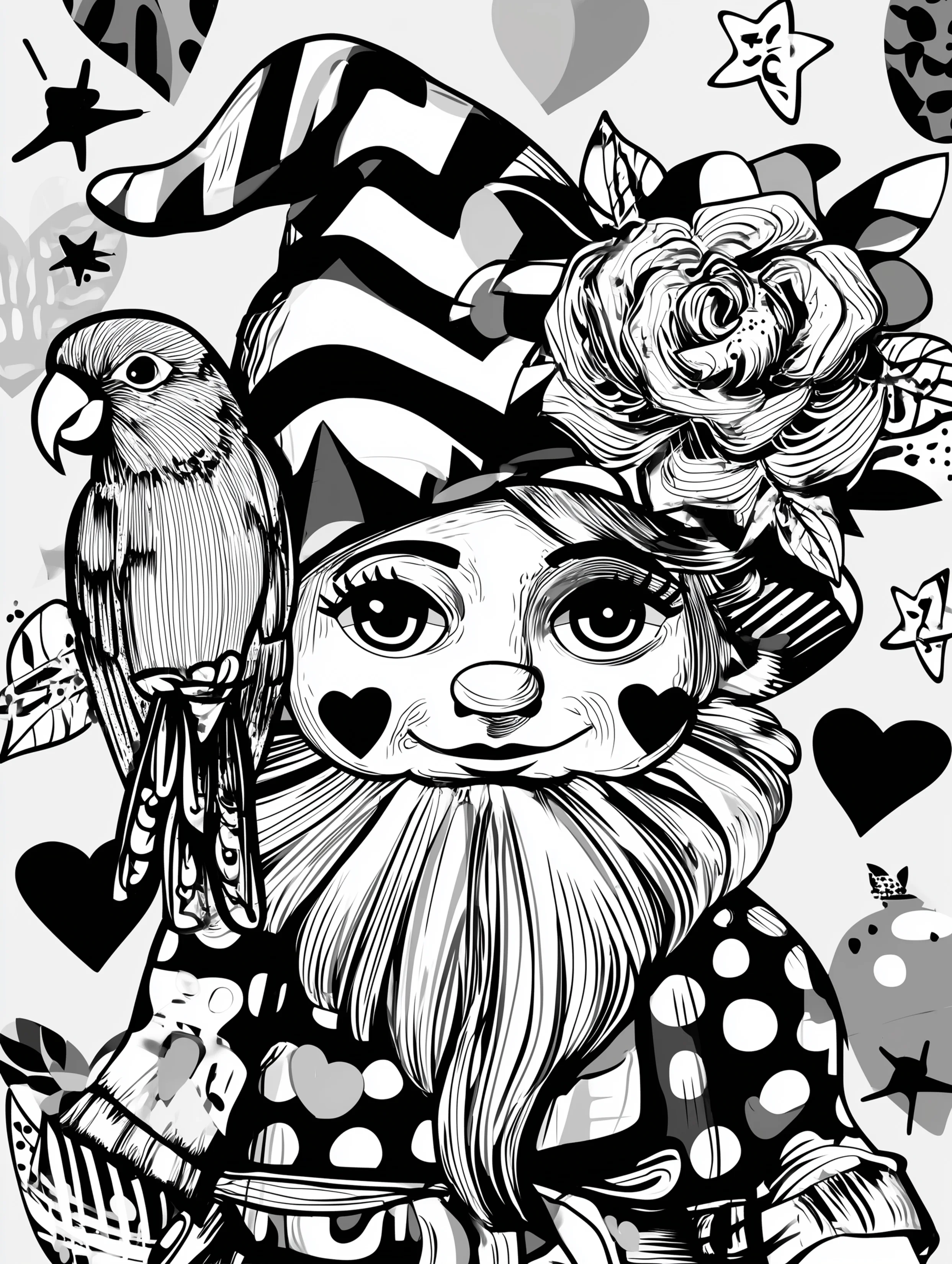 Free printable gnome coloring page for adults featuring a gnome with black hearts on the cheeks
